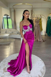Stunning Purple Sweetheart A-Line Beaded Sleeveless Satin Panel Train Ruffle Evening Dresses With High Slit